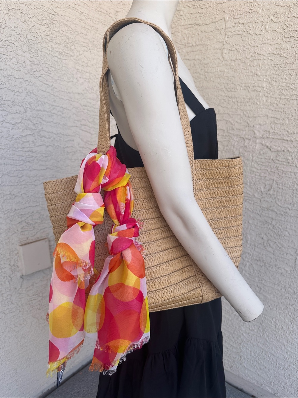 Draper James Woven Straw Tote Bag in Tan With Orange and Yellow Scarf